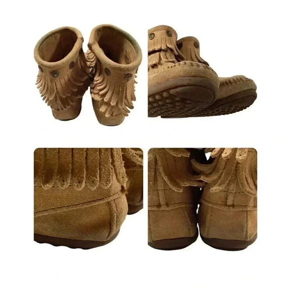 Minnetonka Hi Top Boots Womens 7 Brown Suede Double Fringe Side Zip Moccasin - Picture 10 of 11